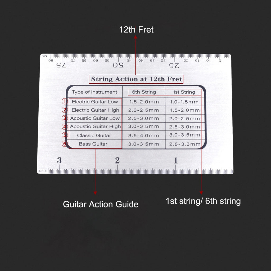 Stainless Steel Guitar String Action Ruler – Setup Gauge for Guitar & Bass