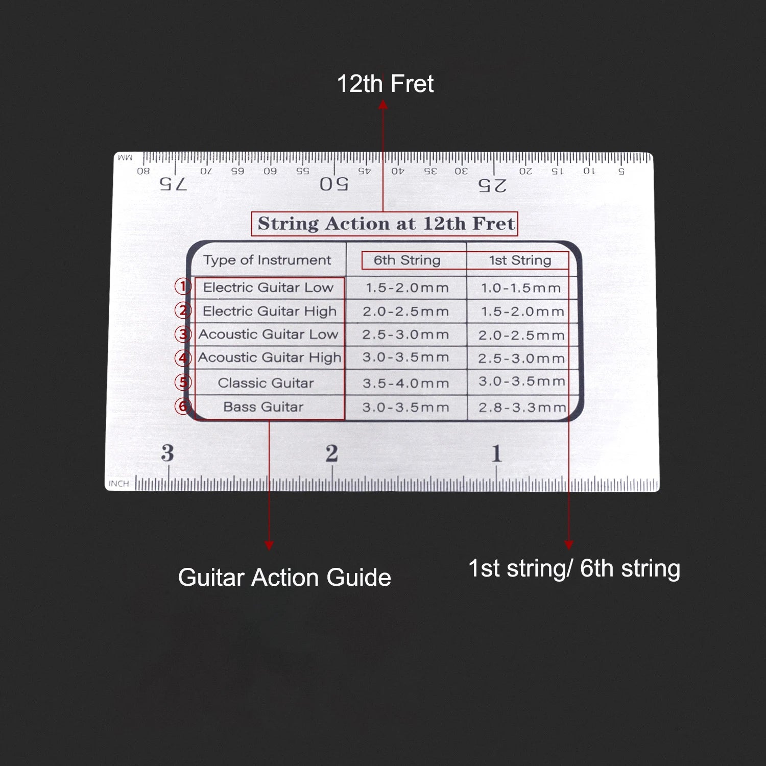 Stainless Steel Guitar String Action Ruler – Setup Gauge for Guitar & Bass