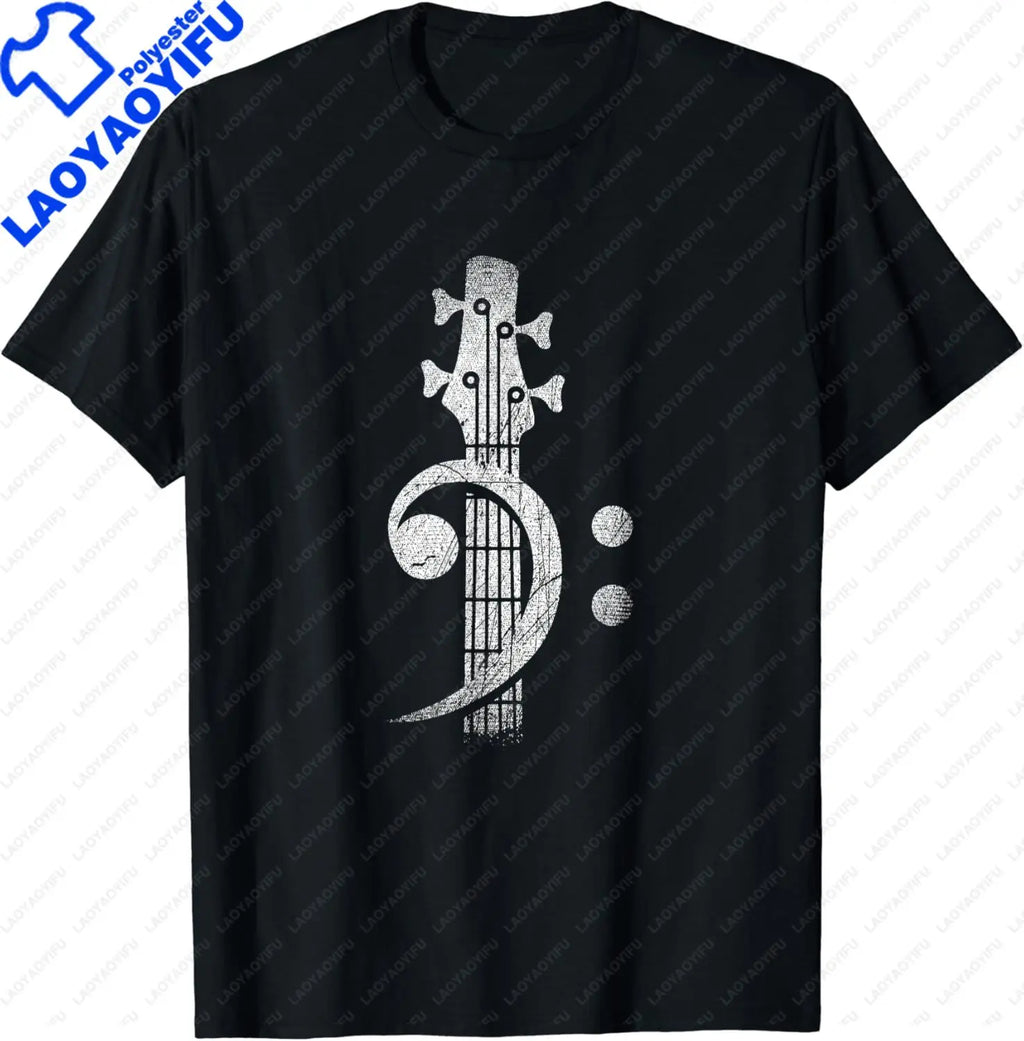 Bass Cleff Headstock Bass Guitar T-Shirt Music Gifts Custom Printed Graphic Shirts Unisex Summer Soft Tops Camisetas