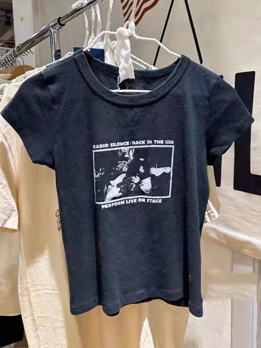 Guitar Band Print T-Shirts Round Neck Short Sleeve Vintage t shirt for Woman Summer Harajuku Streetwear Cotton Y2k Tops Clothing