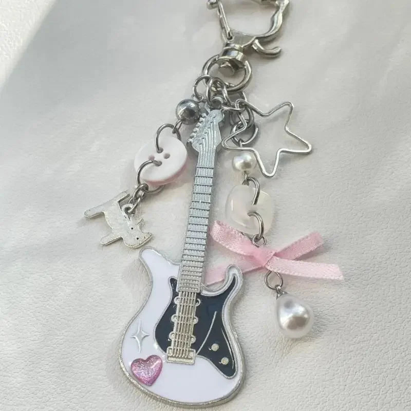 Y2K Guitar Cat Keychain – Punk Pentagram Bow Charm Bag Accessory