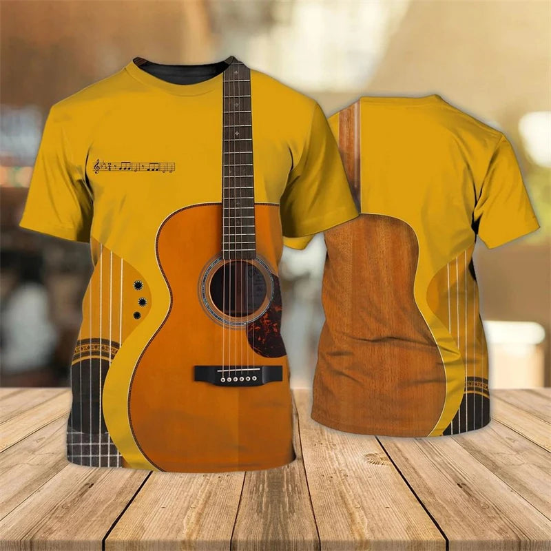 Vintage Guitar 3D Print Tshirt Mens Funny Designer Clothes Summer New Fashion T-shirt Kids Round Neck Short Sleeve Tees Tops
