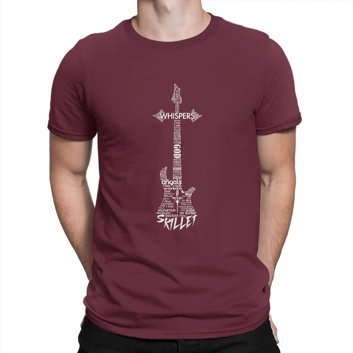 Guitar Typography On Black T-Shirt Men Skillet Band Awesome Pure Cotton Tee Shirt O Neck Short Sleeve T Shirts Summer Clothing