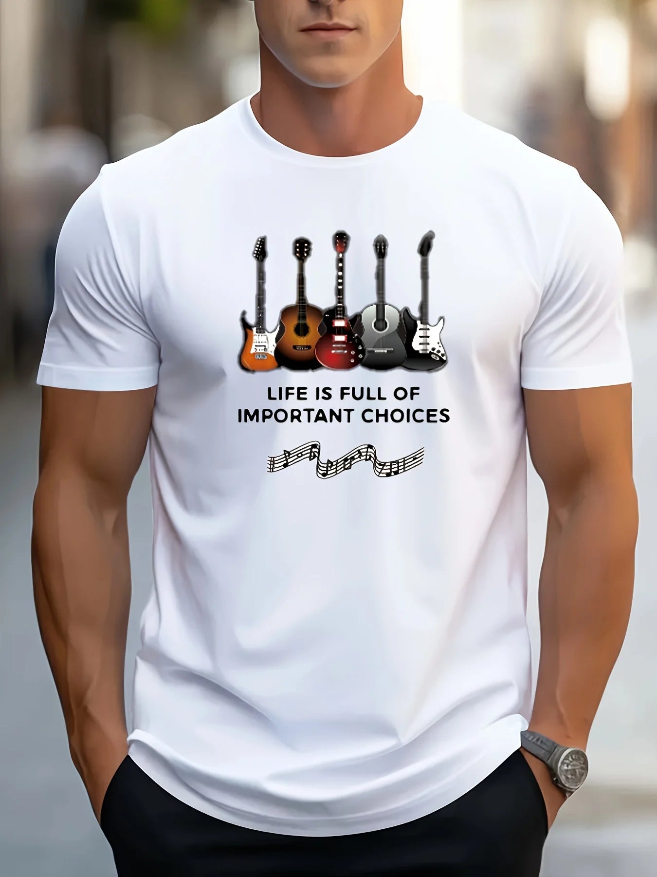 Men's Fashion Printed Guitar and Note Patterns and Letter Printed Round-neck Short-sleeved Casual T-shirt