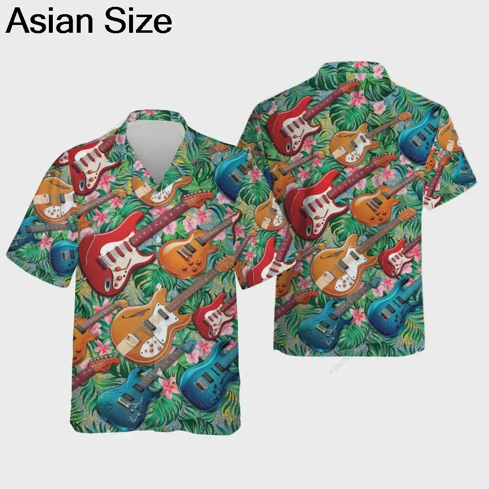 2025 Guitar Hawaiian Shirt Men Women Clothes Retro Electric Rock Animal Funny Musician Aloha Short Sleeve Hip Hop Button Blouses