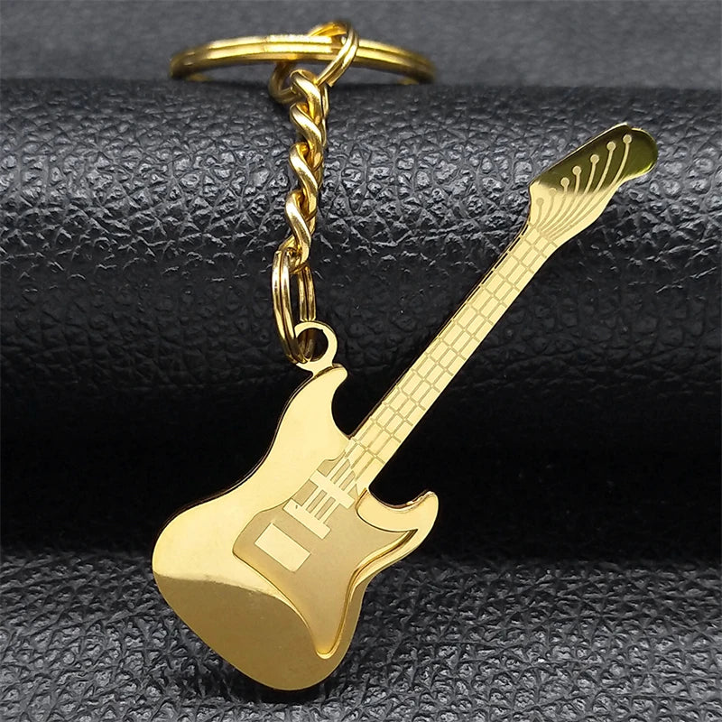 Gold Stainless Steel Y2K Guitar Keychain – Goth Rock Aesthetic Charm