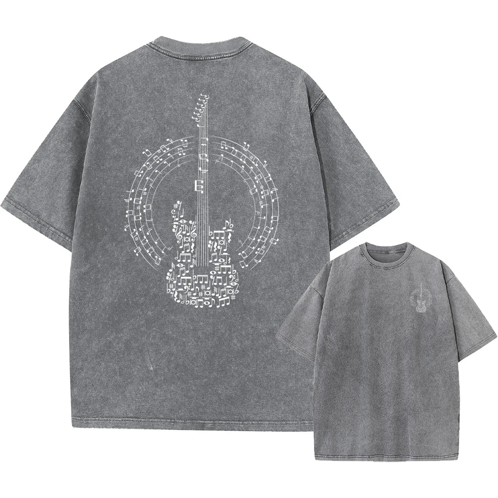Men's Fun Guitar Print Washed T Shirt Comfortable And Breathable Summer Street Style Fitness Training Pure Cotton Short Sleeve