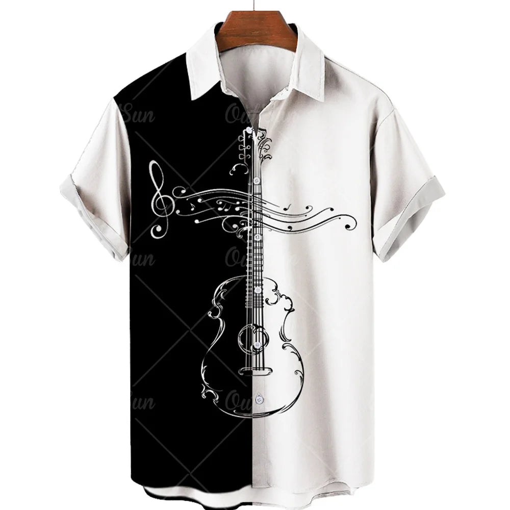 Hawaiian Shirt With Musical Guitar Print For Men, Party Short Sleeve Beach, Hip Hop, Harajuku, Large Size Top