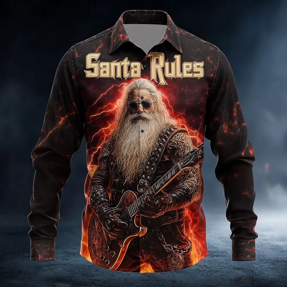 Christmas Men's Santa Claus Rock Guitar Shirt Button Up Shirt Long Sleeve Funny Christmas Gifts Spring 3D Print Collared Shirts
