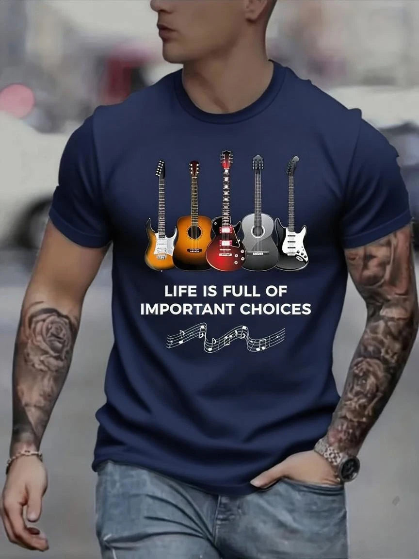 Men's Fashion Printed Guitar and Note Patterns and Letter Printed Round-neck Short-sleeved Casual T-shirt