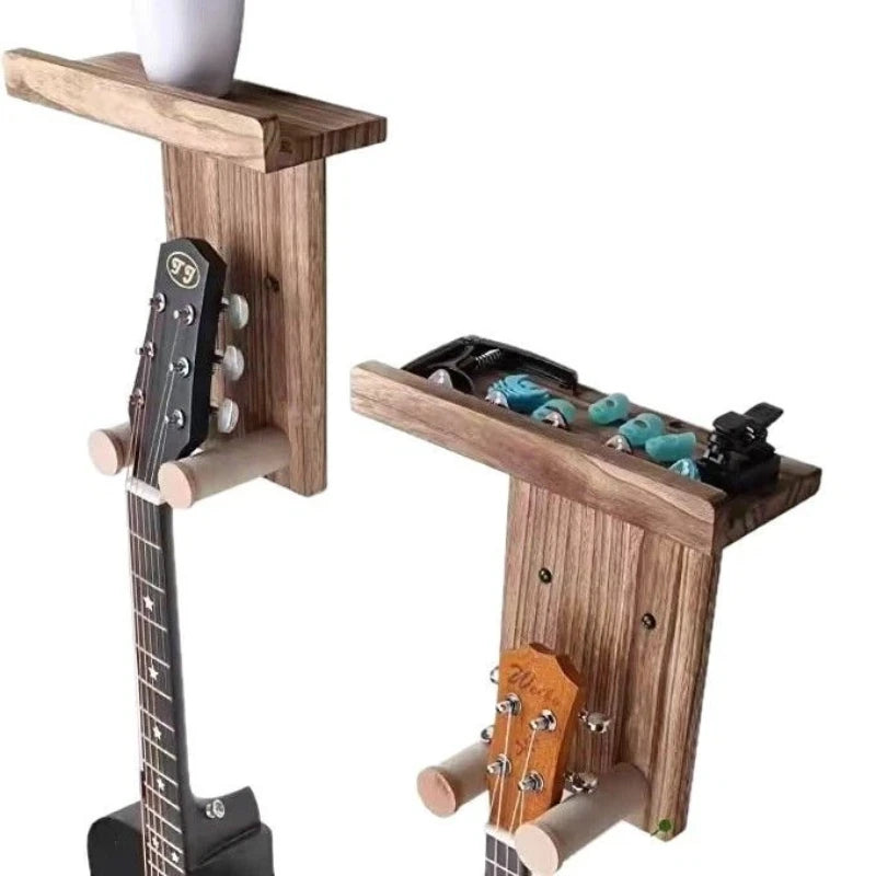 Wood Guitar Wall Hanger with Shelf & Pick Holder — Fits Acoustic, Electric & Bass