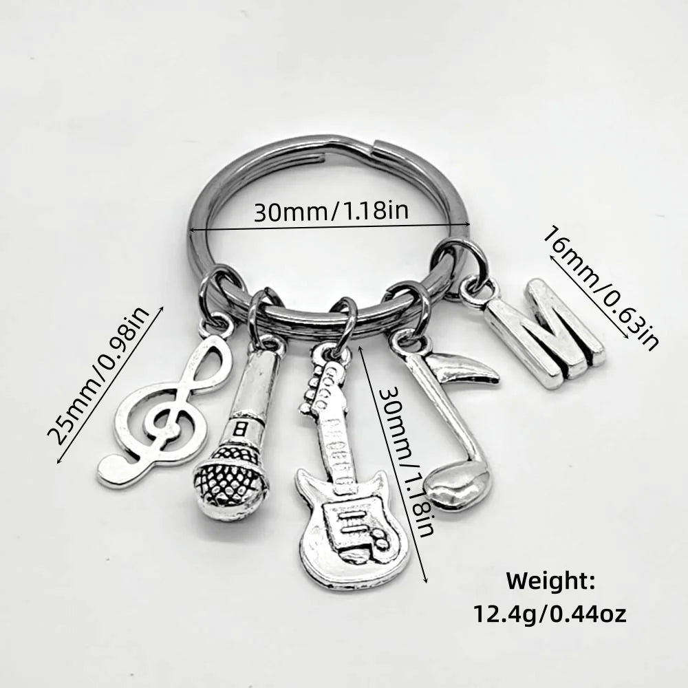 Initial Letter Music Keychain – Guitar & Microphone Rock Charm