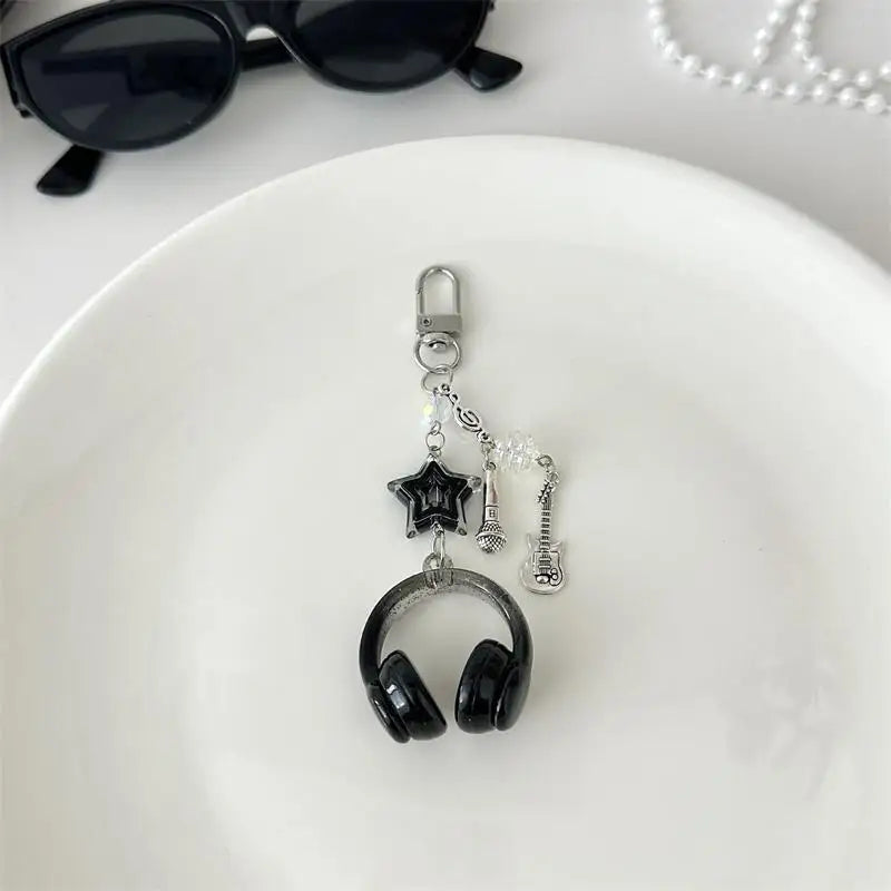 Glitter Earphone-shaped Keychain Cute Star Guitar Microphone Pendant Phone Chain Lanyard Girly Backpack Charms Bag Hanging Gifts
