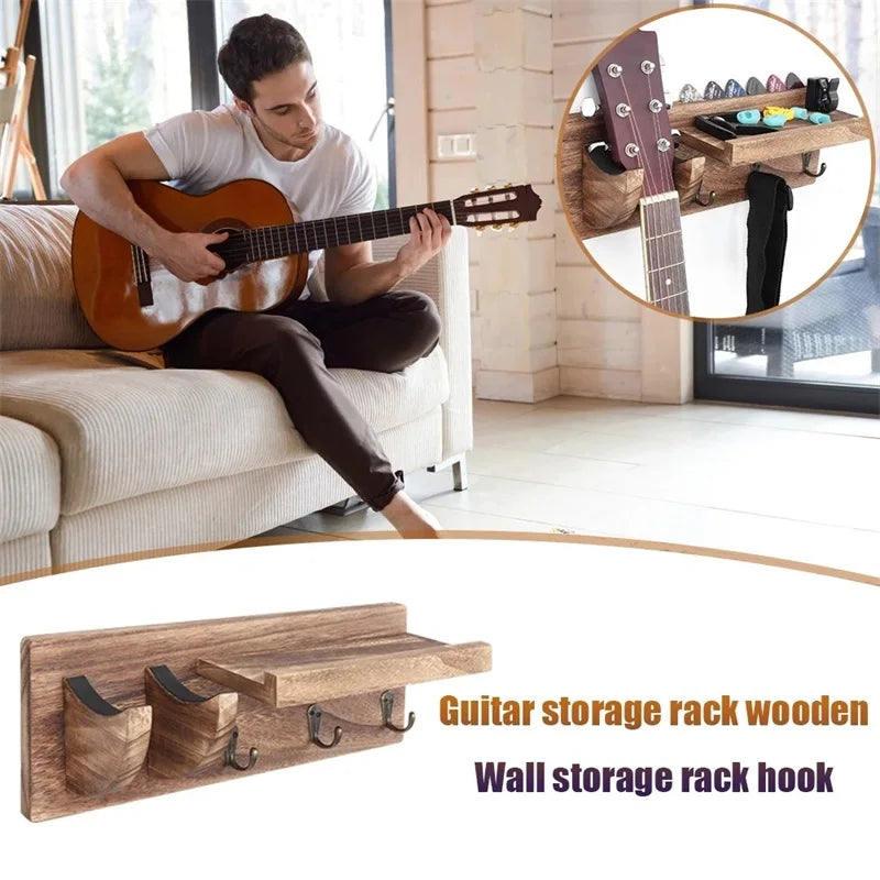 Rustic Guitar Wall Hanger with 3-Hook Shelf — Display Stand for Acoustic, Electric & Bass
