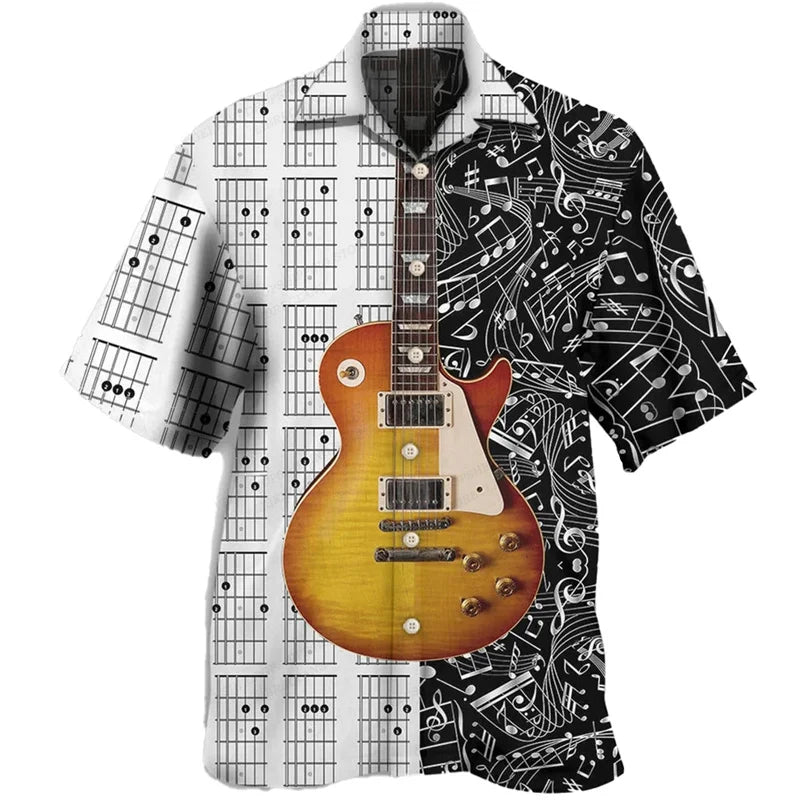 Guitar Music Graphic Hawaiian Shirt For Men Musical Instrument 3D Print Blouse Casual Short Sleeve Lapel Tops Loose Aloha Shirts