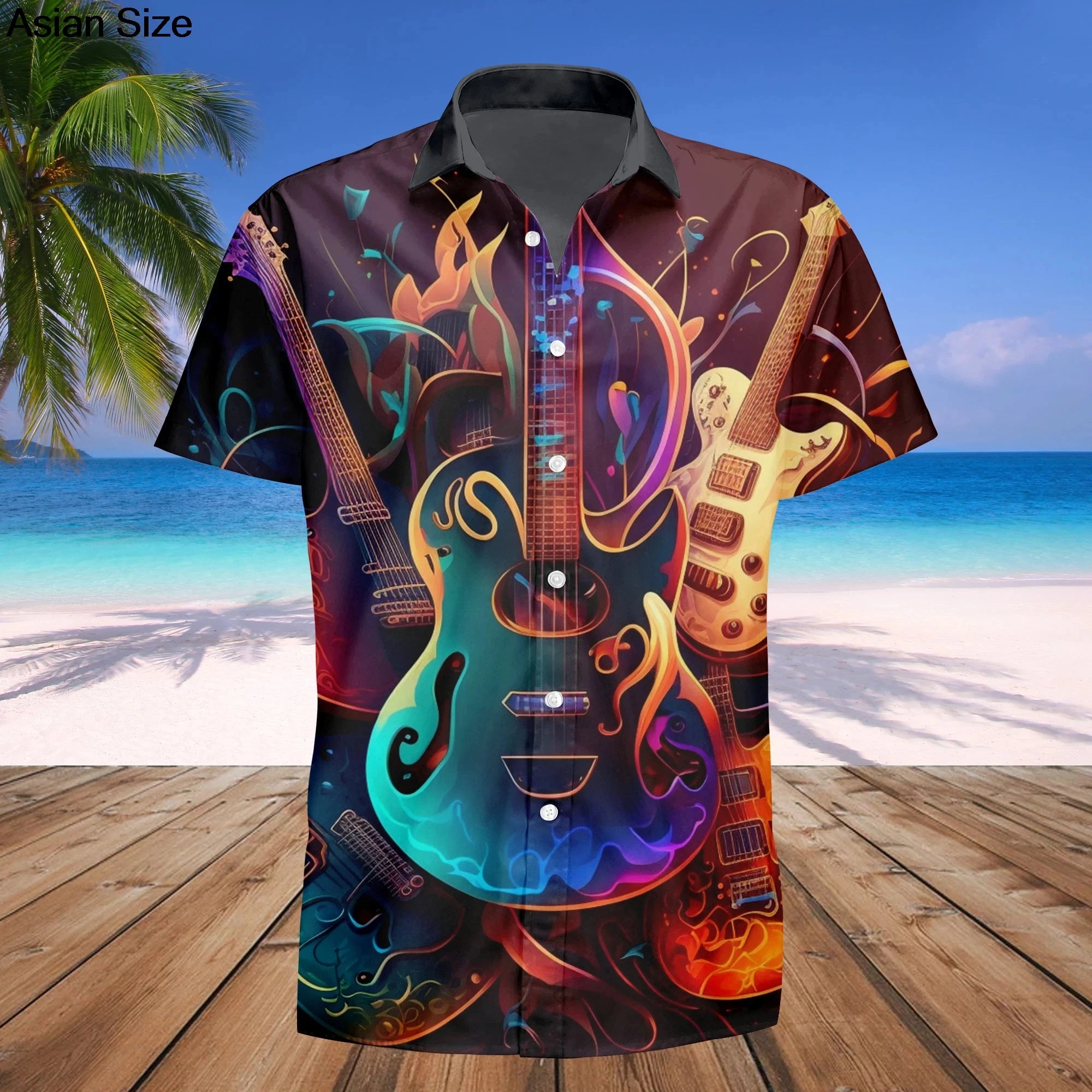 2025 Guitar Hawaiian Shirt Men Women Clothes Retro Electric Rock Animal Funny Musician Aloha Short Sleeve Hip Hop Button Blouses
