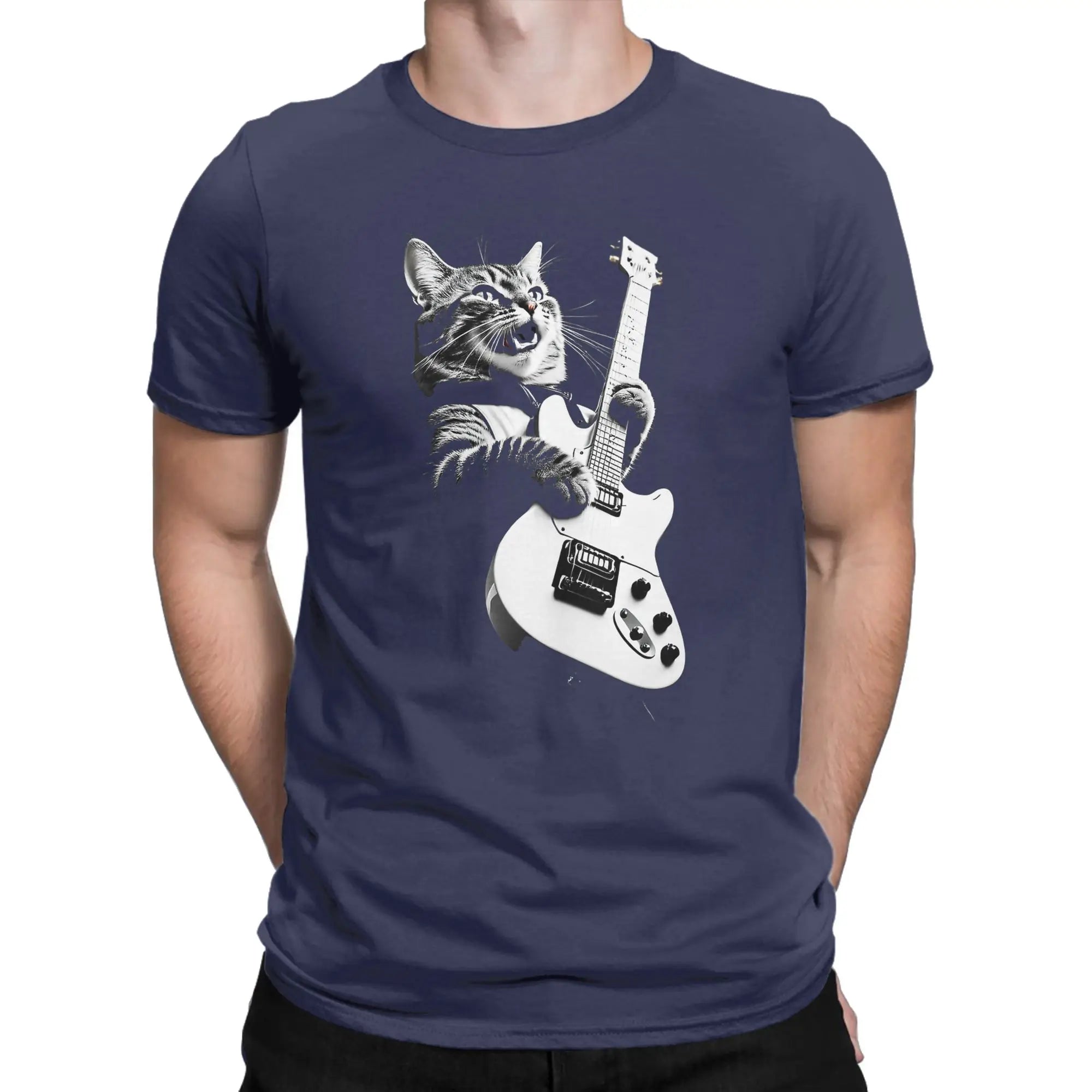 Men T-Shirts Cat Guitar  Leisure 100% Cotton Tee Shirt Short Sleeve  T Shirts Crew Neck Tops Printing