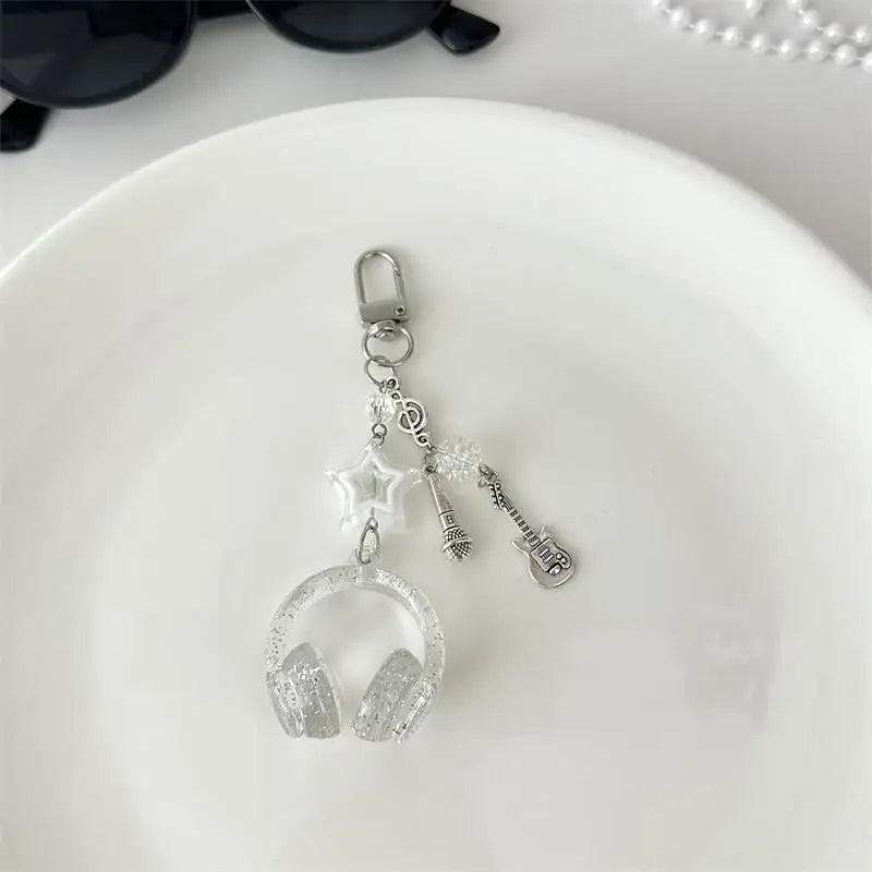 Glitter Earphone-shaped Keychain Cute Star Guitar Microphone Pendant Phone Chain Lanyard Girly Backpack Charms Bag Hanging Gifts