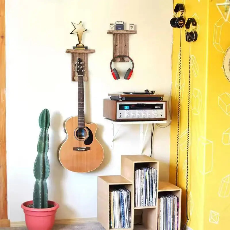 Wood Guitar Wall Hanger with Shelf & Pick Holder — Fits Acoustic, Electric & Bass