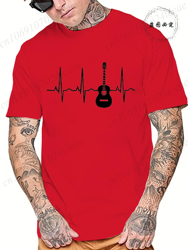 Guitar Heartbeat Men T Shirt Fashion Men's Clothing Summer Round Neck Breathable Casual Short Sleeve Fashion Tee T-Shirt Top
