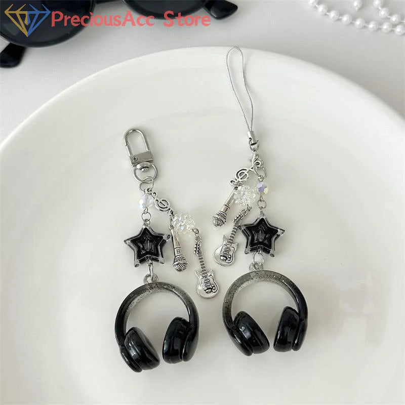 Glitter Earphone-shaped Keychain Cute Star Guitar Microphone Pendant Phone Chain Lanyard Girly Backpack Charms Bag Hanging Gifts
