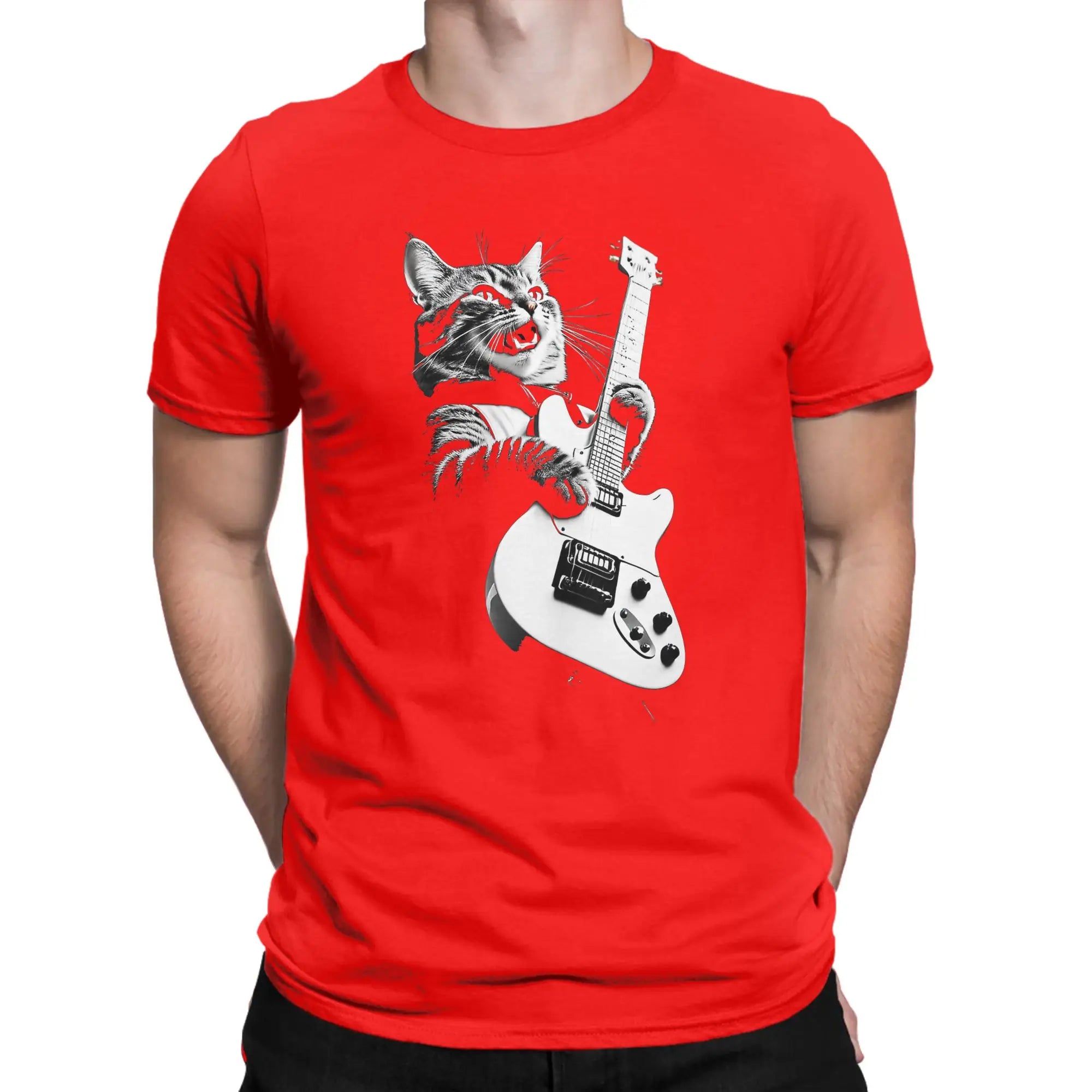 Men T-Shirts Cat Guitar  Leisure 100% Cotton Tee Shirt Short Sleeve  T Shirts Crew Neck Tops Printing