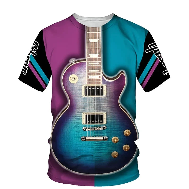 Summer New Men's T-shirt 3D Printed Pattern Electric Guitar Harajuku T-shirt Casual Short sleeved Top Street Fashion