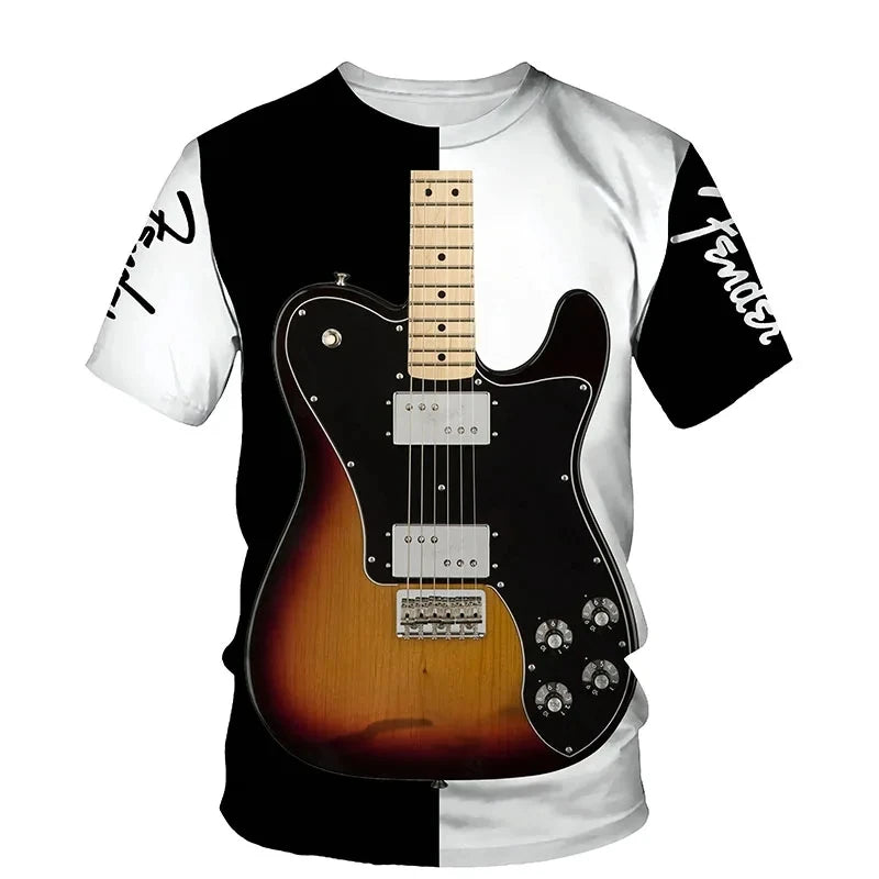 Summer New Men's T-shirt 3D Printed Pattern Electric Guitar Harajuku T-shirt Casual Short sleeved Top Street Fashion