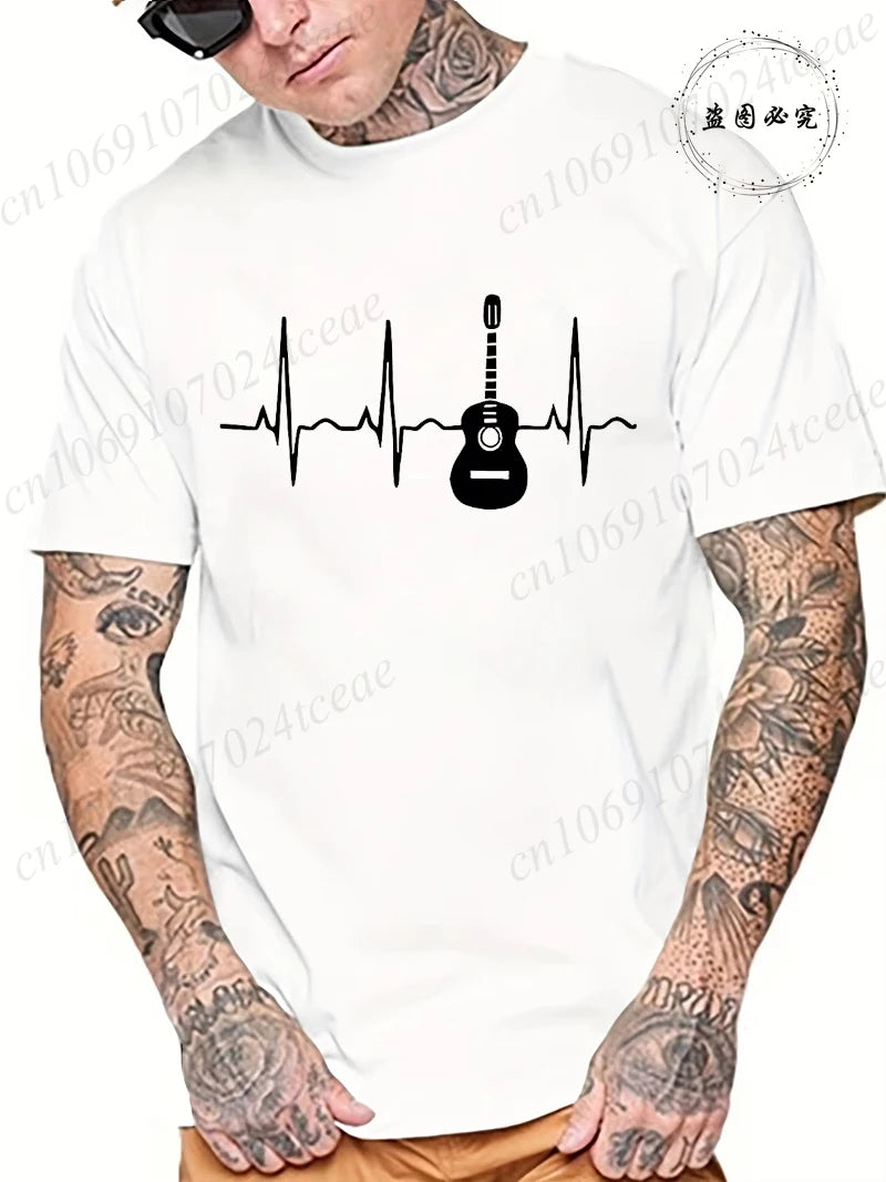 Guitar Heartbeat Men T Shirt Fashion Men's Clothing Summer Round Neck Breathable Casual Short Sleeve Fashion Tee T-Shirt Top