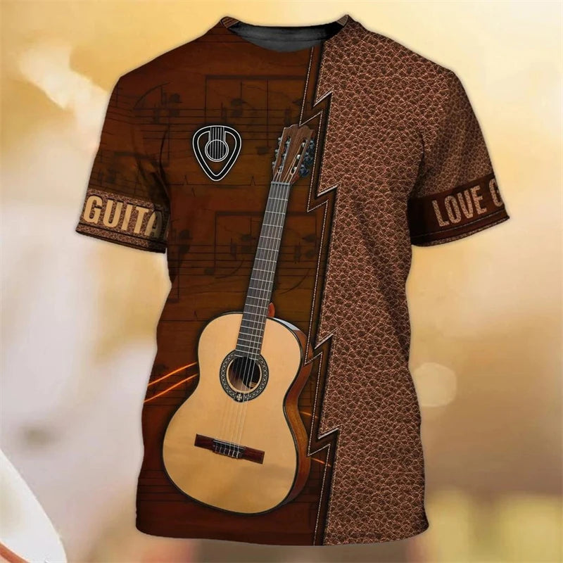 Vintage Guitar 3D Print Tshirt Mens Funny Designer Clothes Summer New Fashion T-shirt Kids Round Neck Short Sleeve Tees Tops