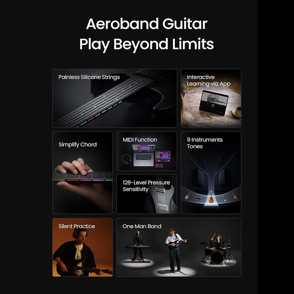 AeroBand Guitar Electric Guitar Pain-Free Silicone String Travel All-in-One 9 Sound Styles Acoustic Bass With Speaker Microphone