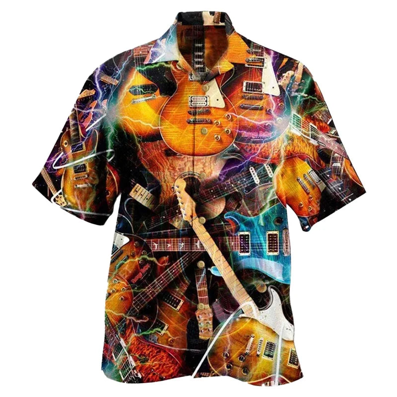 Guitar Music Graphic Hawaiian Shirt For Men Musical Instrument 3D Print Blouse Casual Short Sleeve Lapel Tops Loose Aloha Shirts