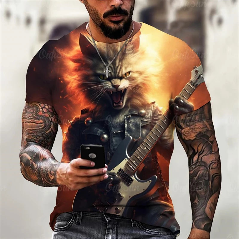 Trend Rock Guitar Cat Graphics T Shirts Summer Fashion Short Sleeve Cool 3D Animals Printed Mens T-shirts Casual Streetwear Tees