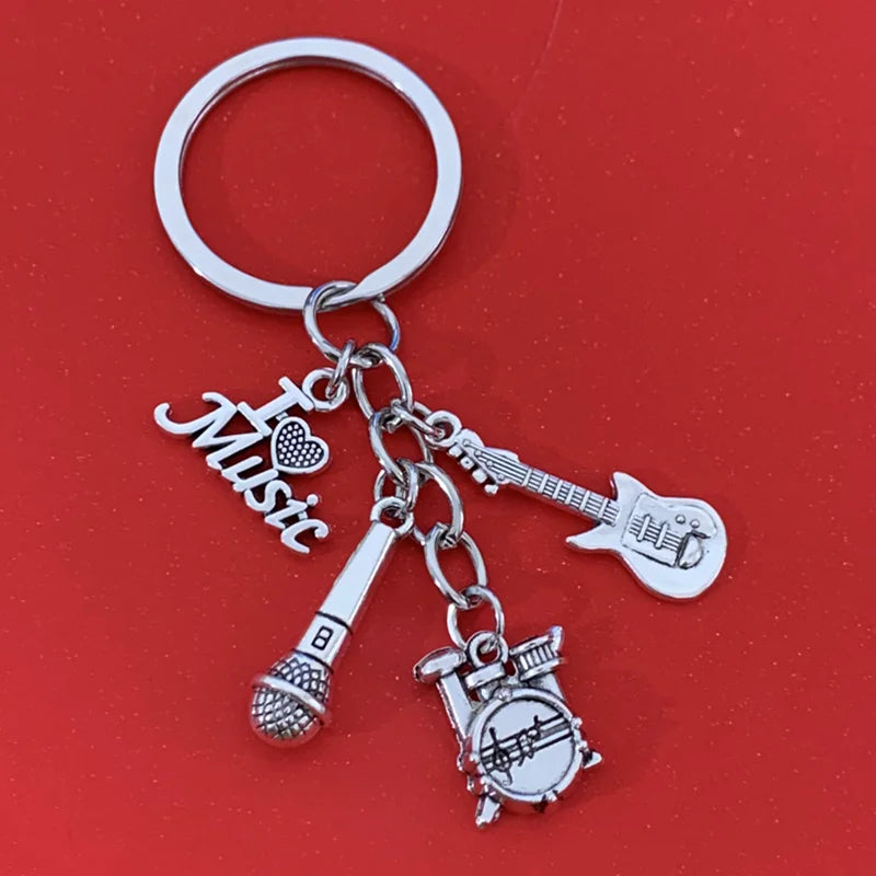Classic Music Alloy Keychain – Guitar, Drum & Microphone Charm
