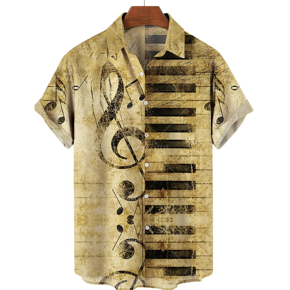 Hawaiian Shirt With Musical Guitar Print For Men, Party Short Sleeve Beach, Hip Hop, Harajuku, Large Size Top
