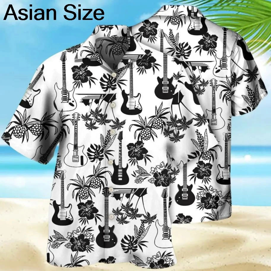 2025 Guitar Hawaiian Shirt Men Women Clothes Retro Electric Rock Animal Funny Musician Aloha Short Sleeve Hip Hop Button Blouses