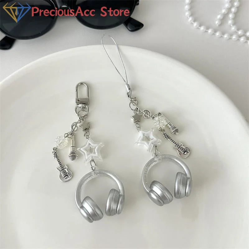 Glitter Earphone-shaped Keychain Cute Star Guitar Microphone Pendant Phone Chain Lanyard Girly Backpack Charms Bag Hanging Gifts