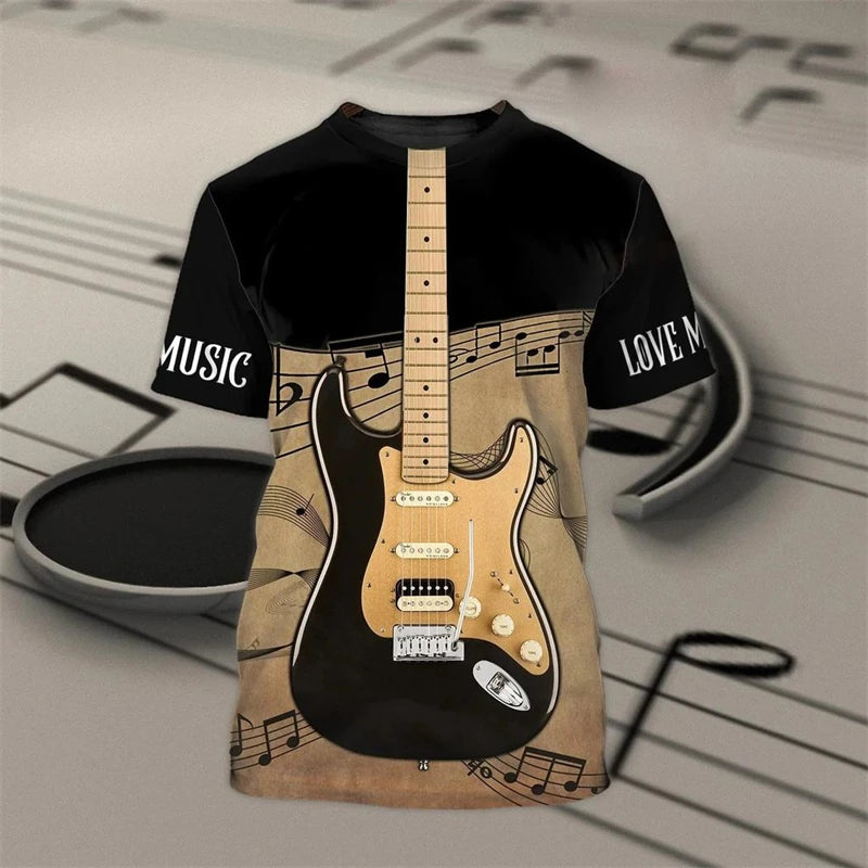 Vintage Guitar 3D Print Tshirt Mens Funny Designer Clothes Summer New Fashion T-shirt Kids Round Neck Short Sleeve Tees Tops