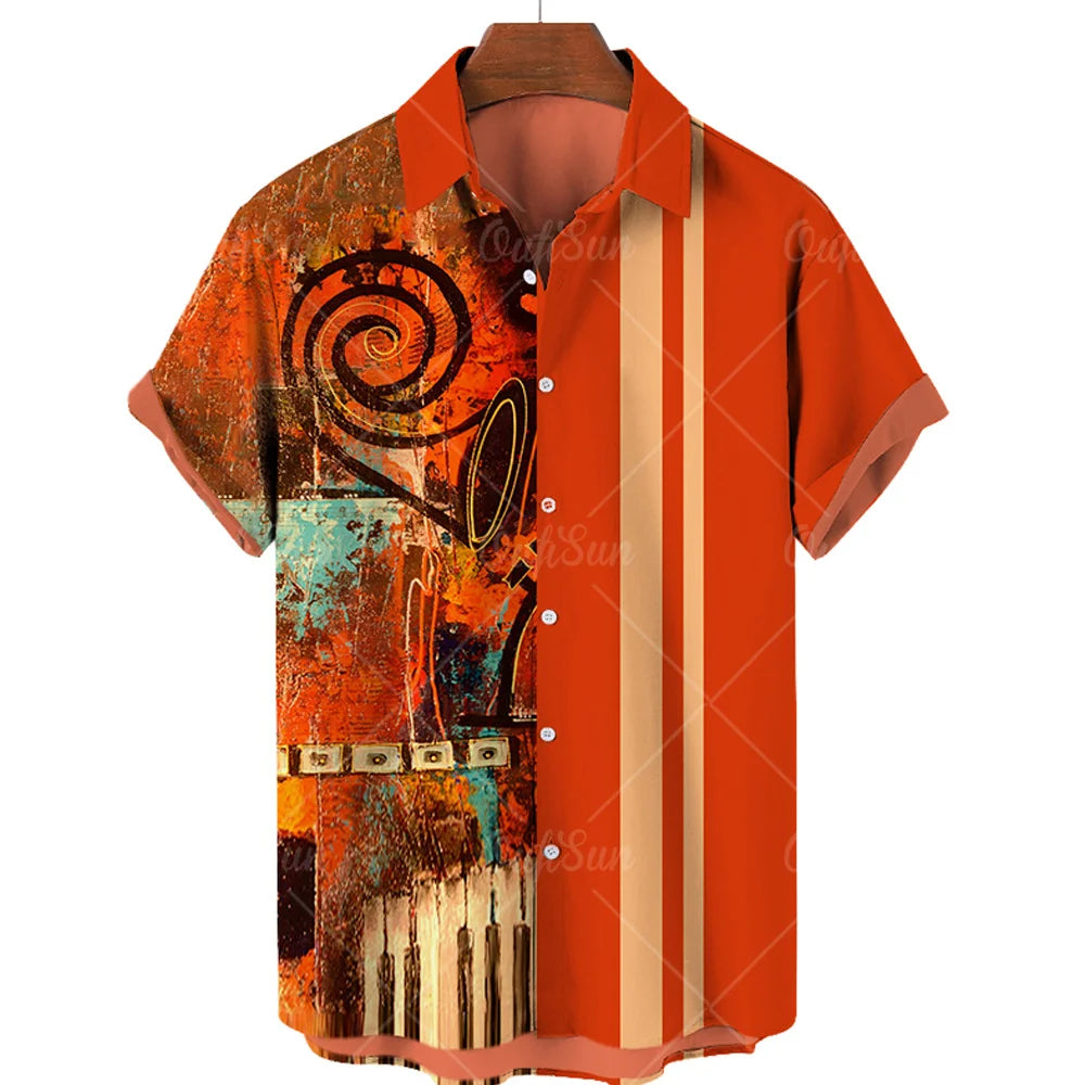 Hawaiian Shirt With Musical Guitar Print For Men, Party Short Sleeve Beach, Hip Hop, Harajuku, Large Size Top