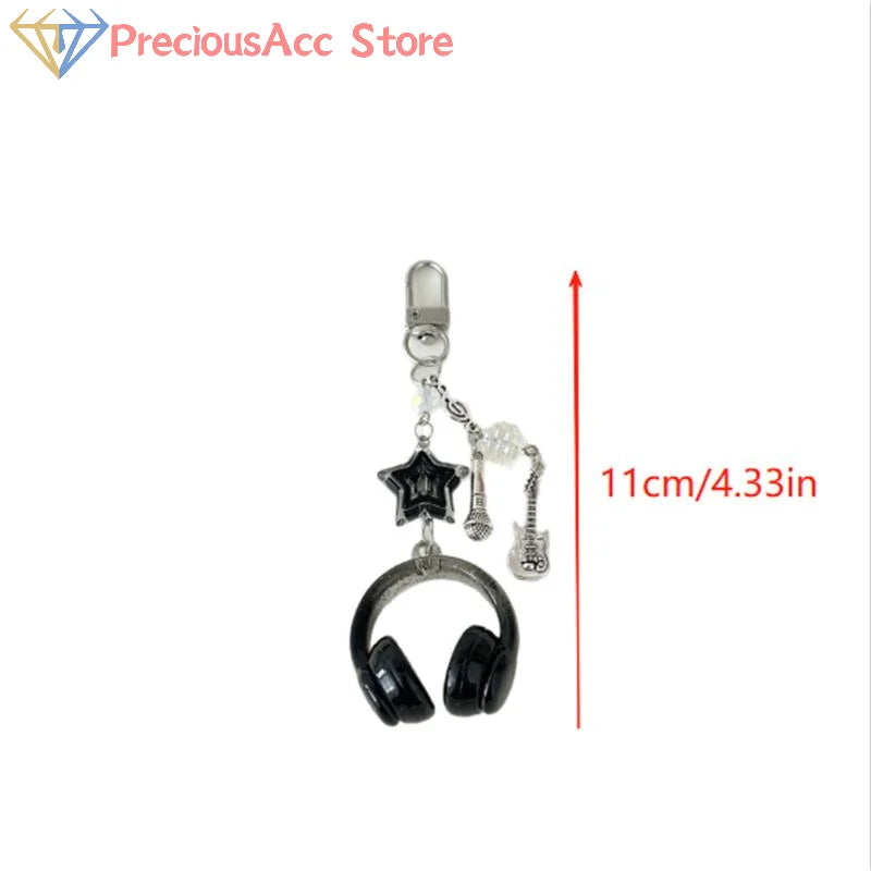 Glitter Earphone-shaped Keychain Cute Star Guitar Microphone Pendant Phone Chain Lanyard Girly Backpack Charms Bag Hanging Gifts