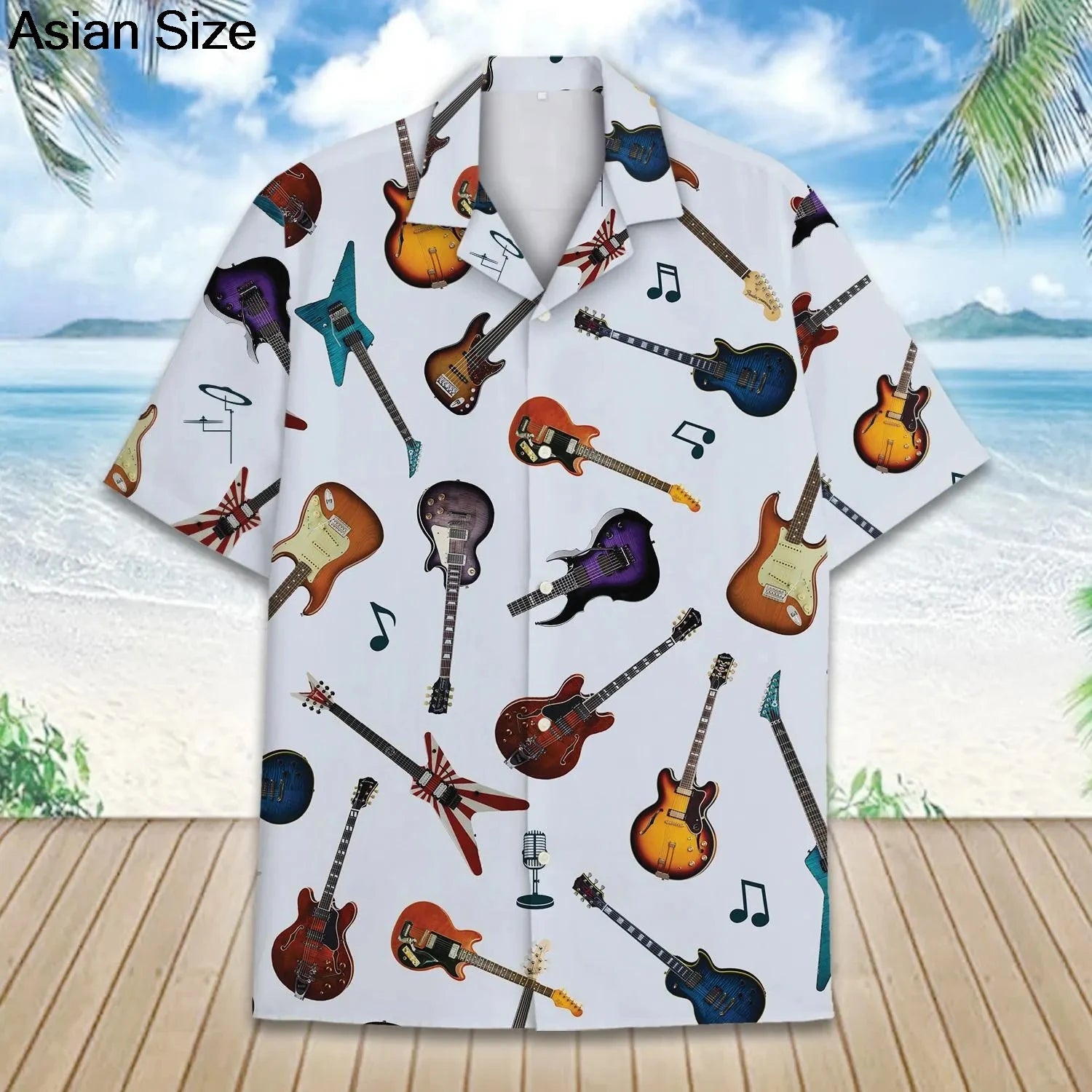 2025 Guitar Hawaiian Shirt Men Women Clothes Retro Electric Rock Animal Funny Musician Aloha Short Sleeve Hip Hop Button Blouses