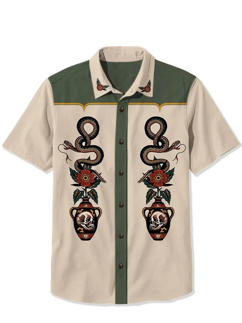 Cowboy Guitar Shirt Punk Face Men Hawaiian Shirt Summer Short Sleeved Button Up Shirt Tropical White Top chemise hommes de luxe