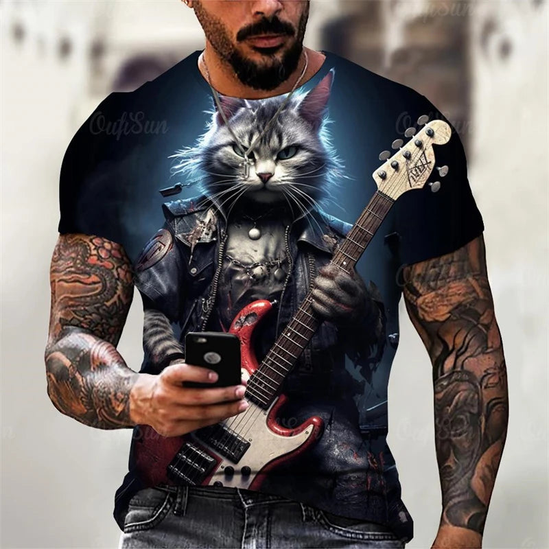 Trend Rock Guitar Cat Graphics T Shirts Summer Fashion Short Sleeve Cool 3D Animals Printed Mens T-shirts Casual Streetwear Tees