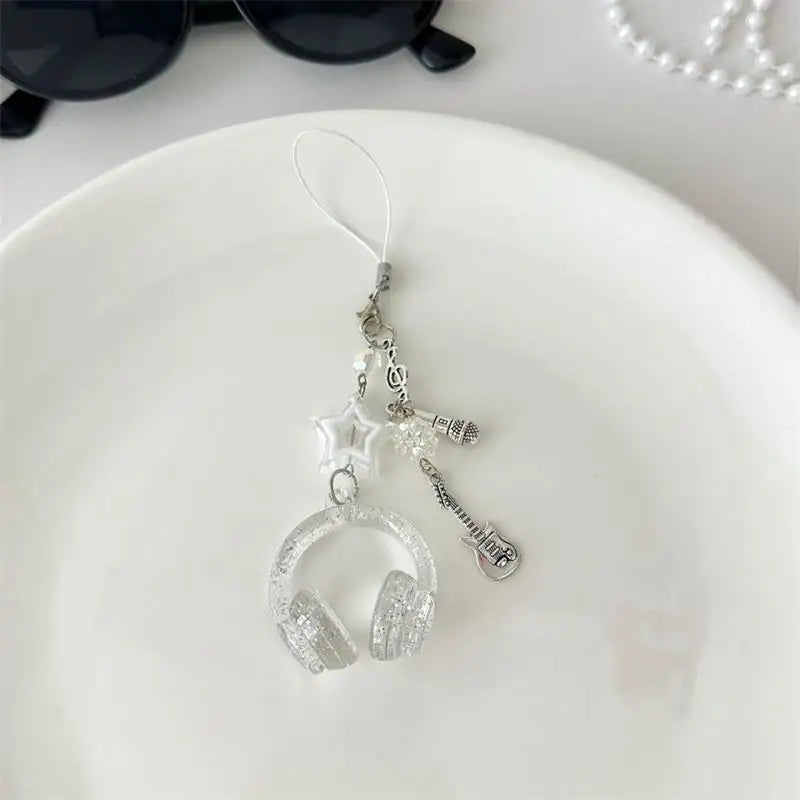 Glitter Earphone-shaped Keychain Cute Star Guitar Microphone Pendant Phone Chain Lanyard Girly Backpack Charms Bag Hanging Gifts
