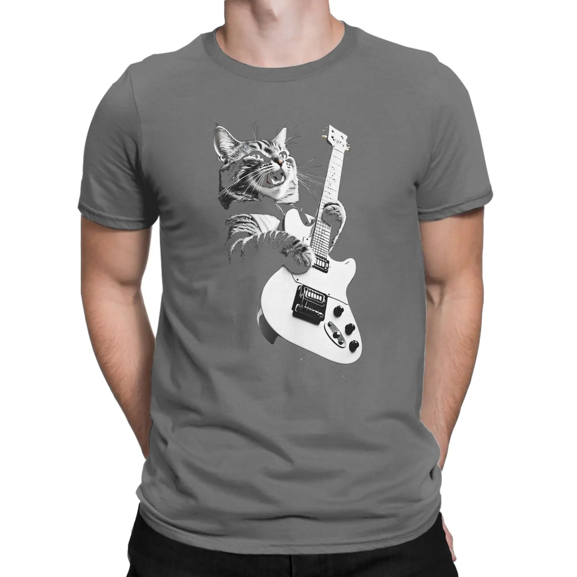 Men T-Shirts Cat Guitar  Leisure 100% Cotton Tee Shirt Short Sleeve  T Shirts Crew Neck Tops Printing