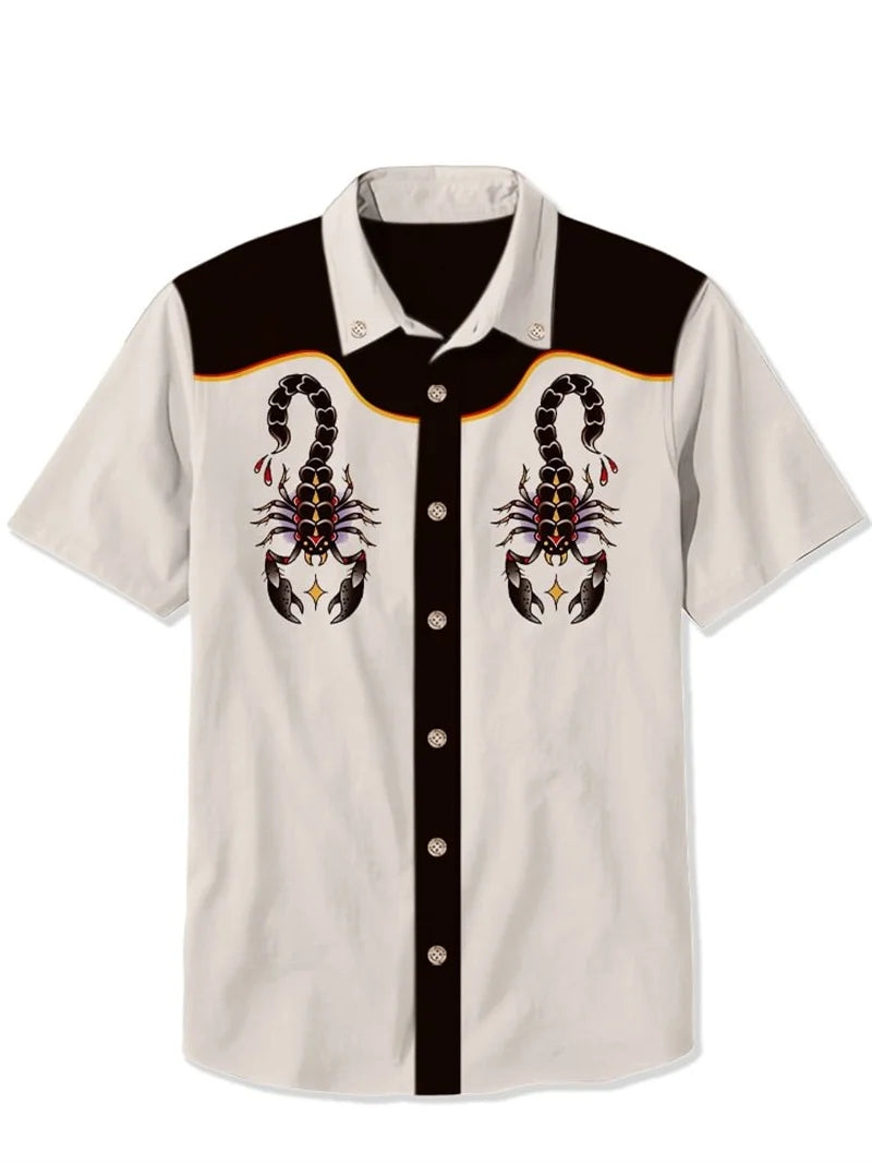 Cowboy Guitar Shirt Punk Face Men Hawaiian Shirt Summer Short Sleeved Button Up Shirt Tropical White Top chemise hommes de luxe