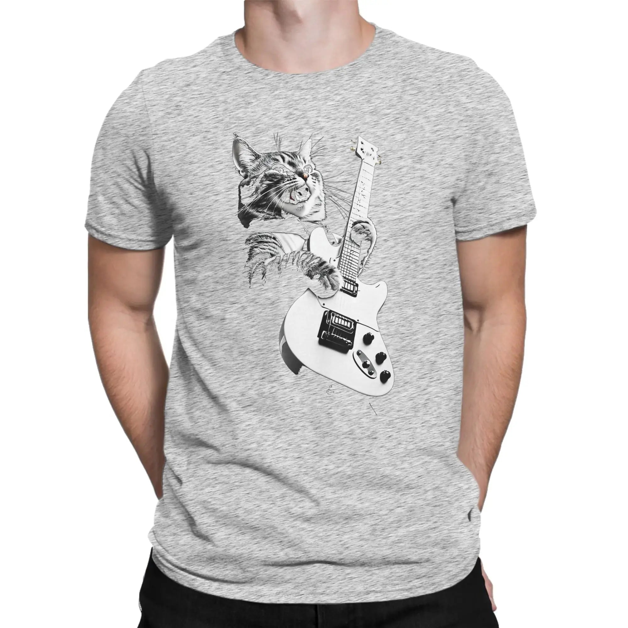 Men T-Shirts Cat Guitar  Leisure 100% Cotton Tee Shirt Short Sleeve  T Shirts Crew Neck Tops Printing