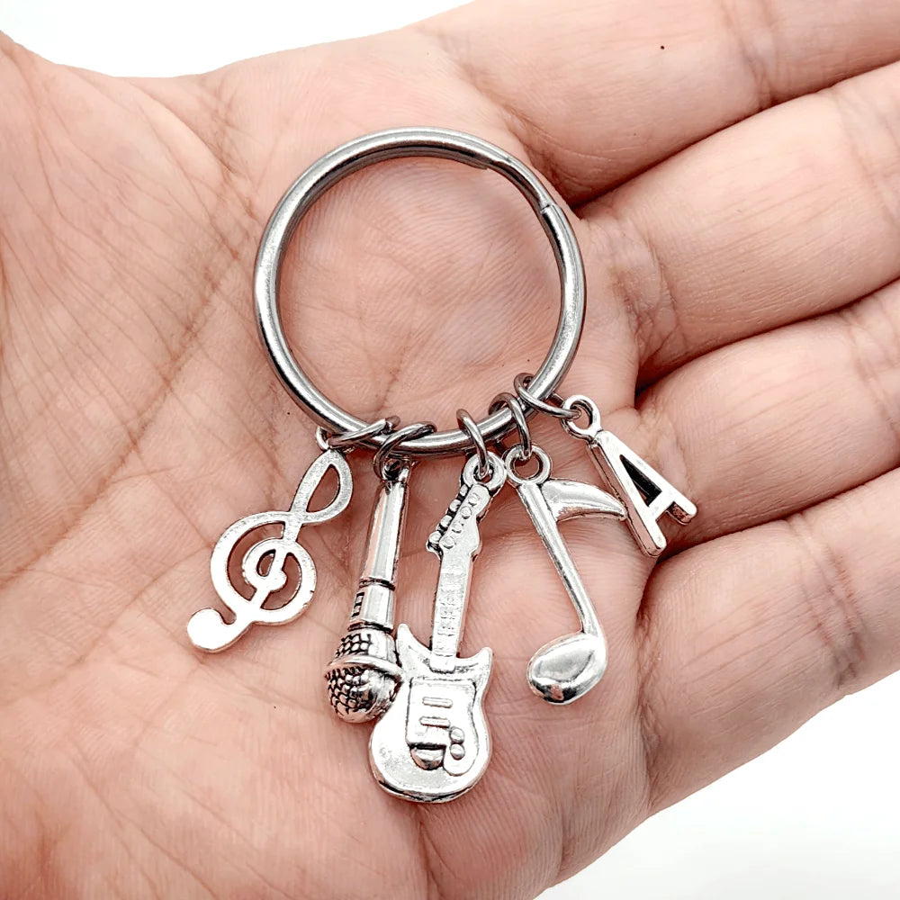 Initial Letter Music Keychain – Guitar & Microphone Rock Charm
