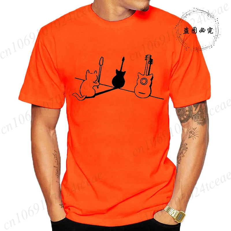 T Shirt for Women Men Cat and Guitar Funny Design Tops Soft Unisex O-neck T-shirts Clothes T-Shirts Women Tops Fashion T-Shirts