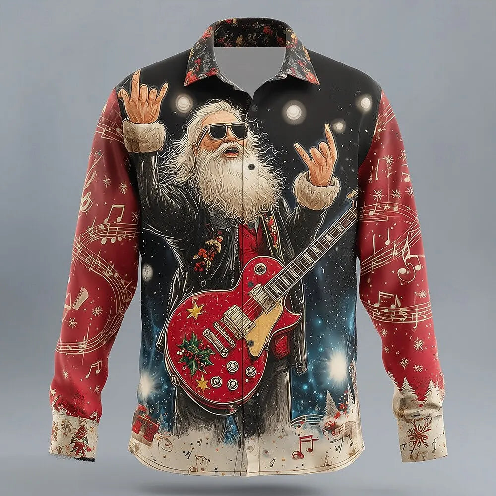 Christmas Men's Santa Claus Rock Guitar Shirt Button Up Shirt Long Sleeve Funny Christmas Gifts Spring 3D Print Collared Shirts